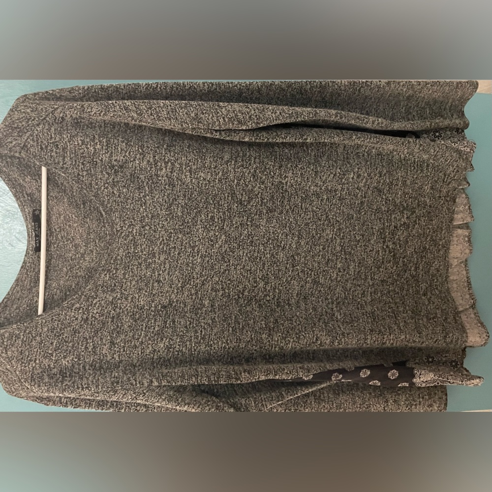Size Large, Max jeans, blue and gray with bandanna style on bottom and back